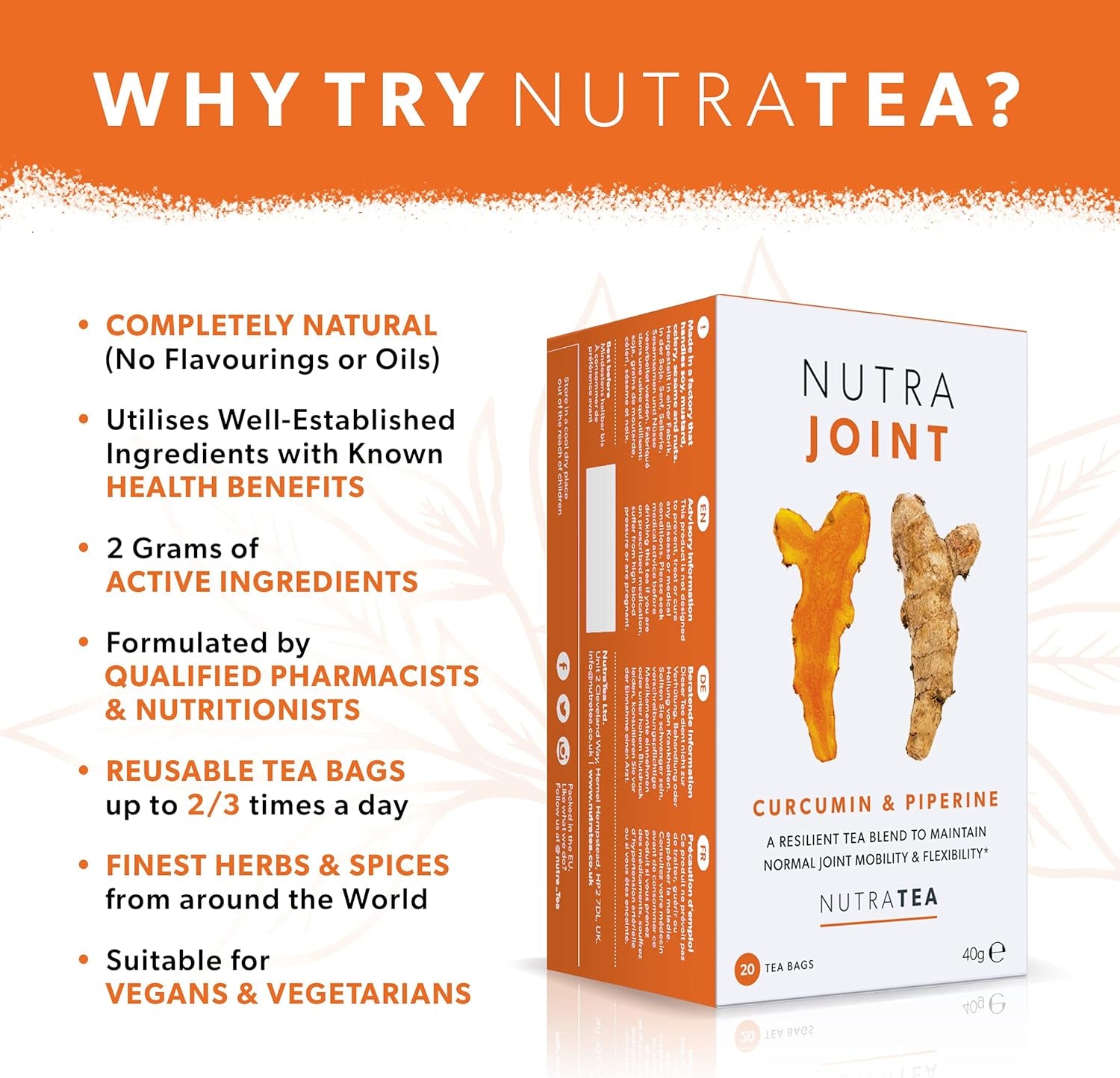 NUTRAJOINT - Joint Care Tea | Helps Improve Mobility & Flexibility - with Turmeric, Green Tea & Black Pepper - 20 Enveloped Tea Bags - by