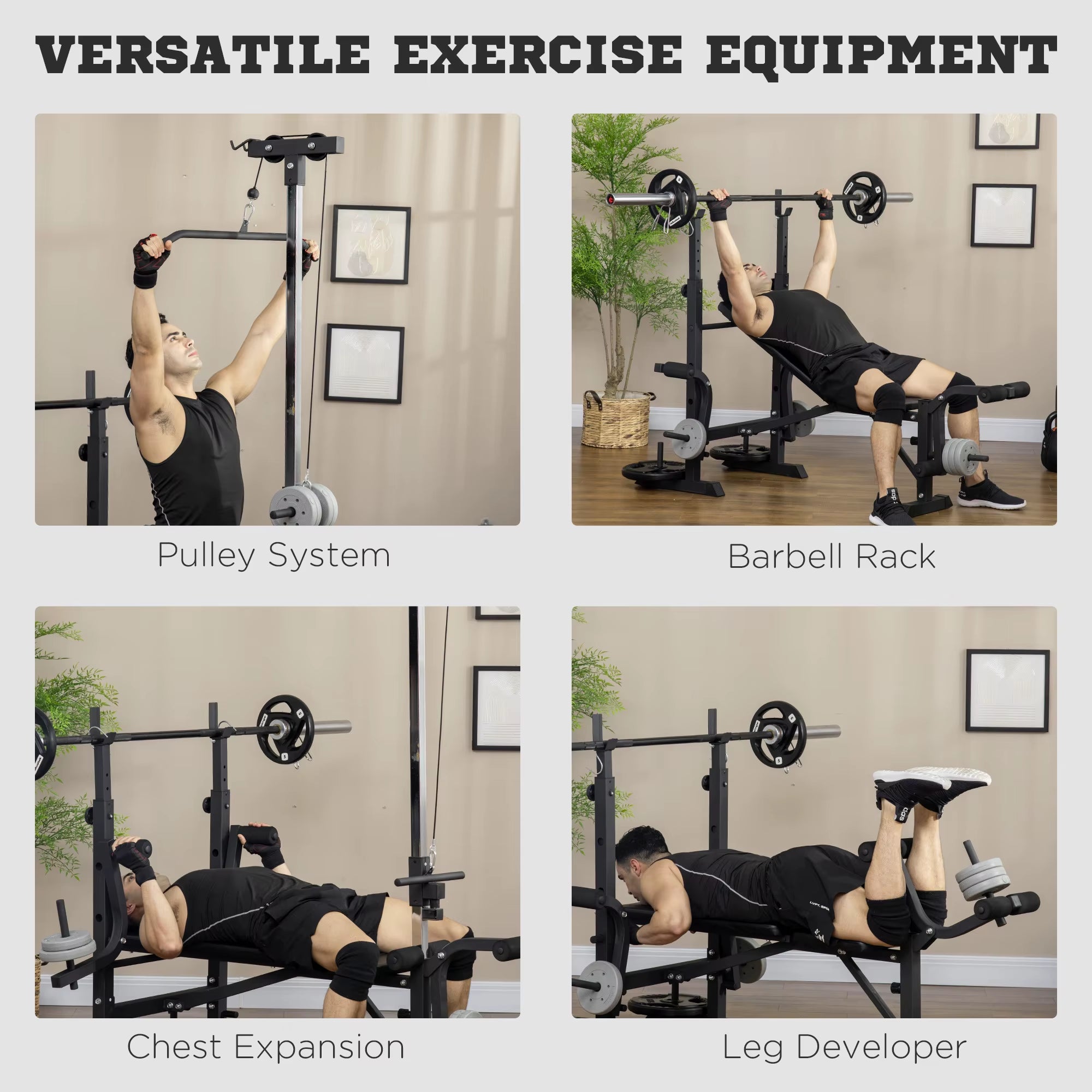 Adjustable Weight Bench with Pulley System, Incline Bench Press Set with Squat Rack, Leg Developer