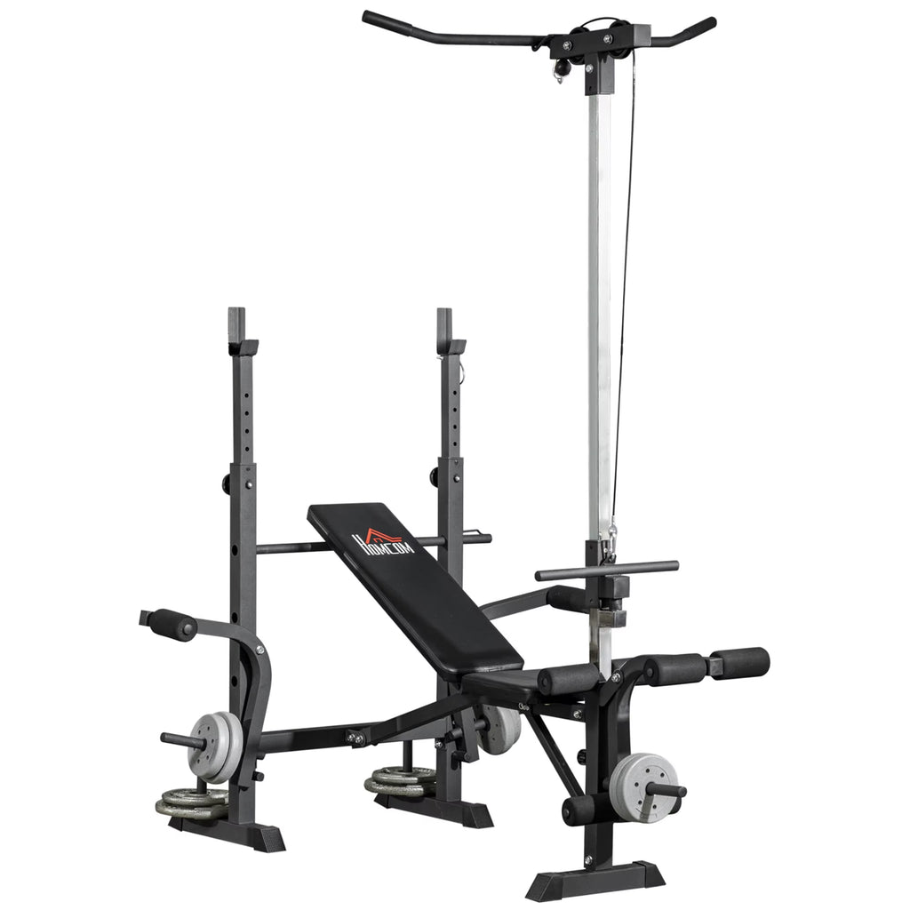 Adjustable Weight Bench with Pulley System, Incline Bench Press Set with Squat Rack, Leg Developer