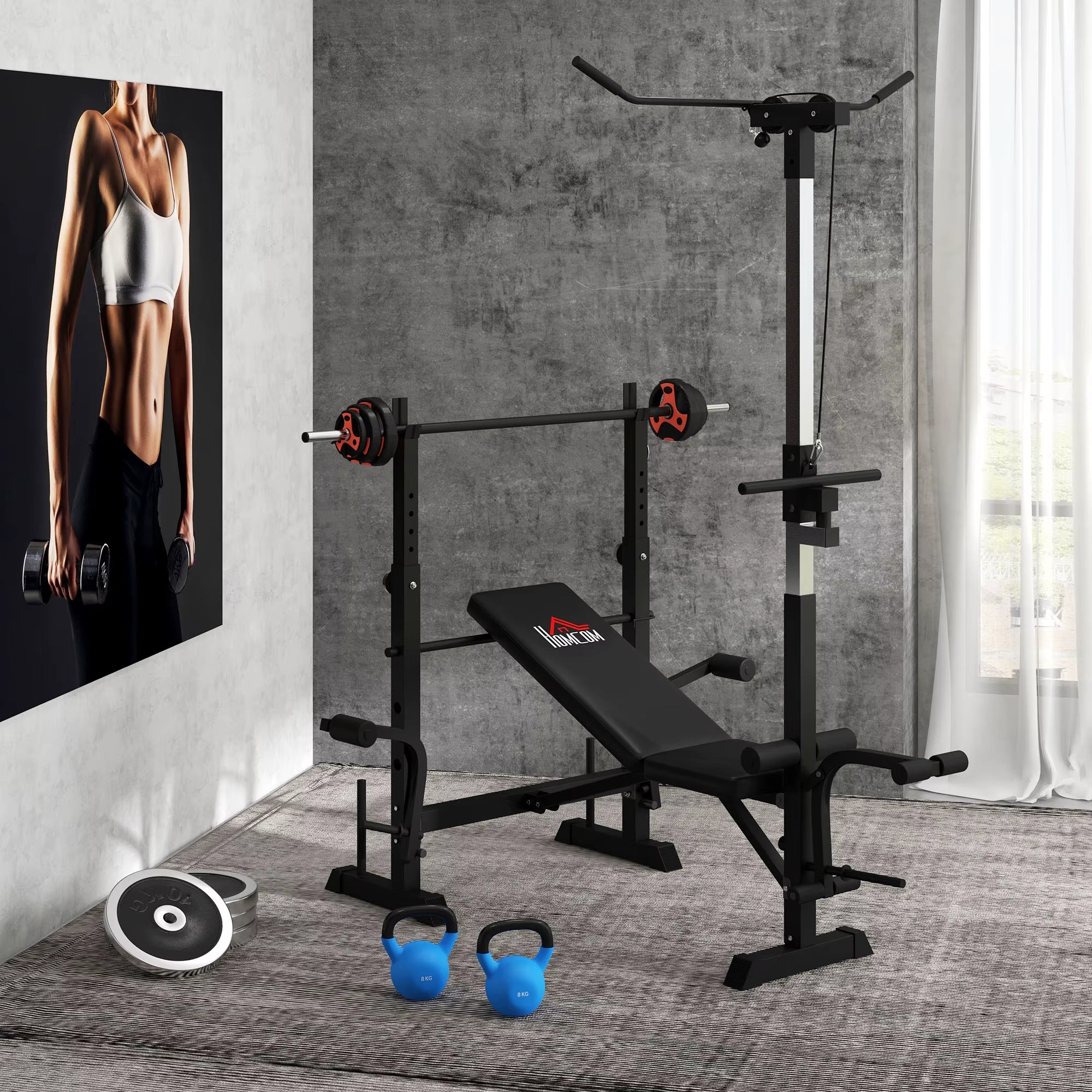 Adjustable Weight Bench with Pulley System, Incline Bench Press Set with Squat Rack, Leg Developer