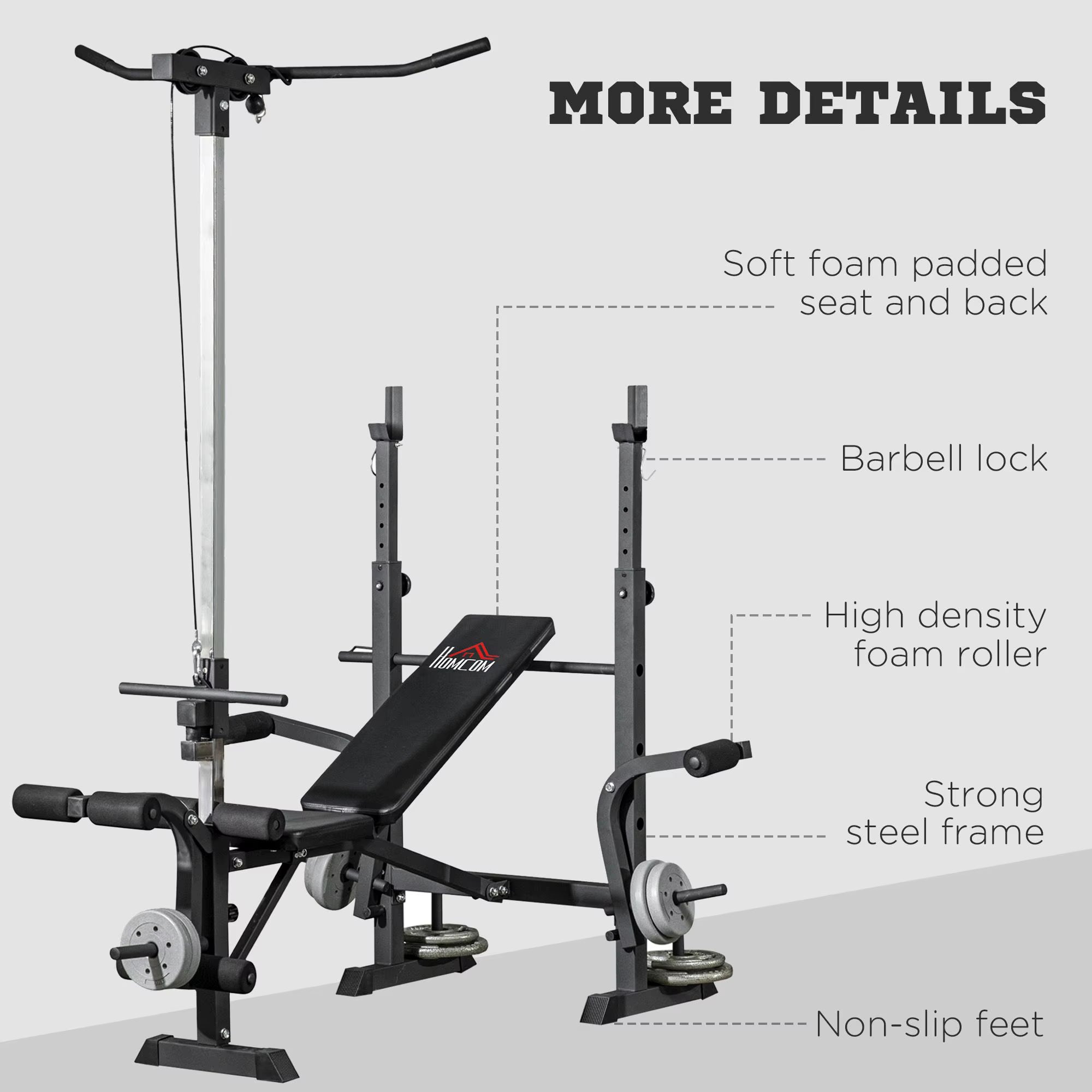 Adjustable Weight Bench with Pulley System, Incline Bench Press Set with Squat Rack, Leg Developer